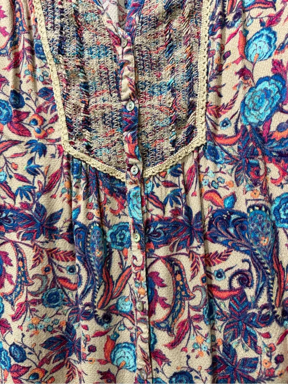 Vintage America Multicolor Floral Button-Front Blouse in Blue, Pink & Cream Sz L - Picture 4 of 4